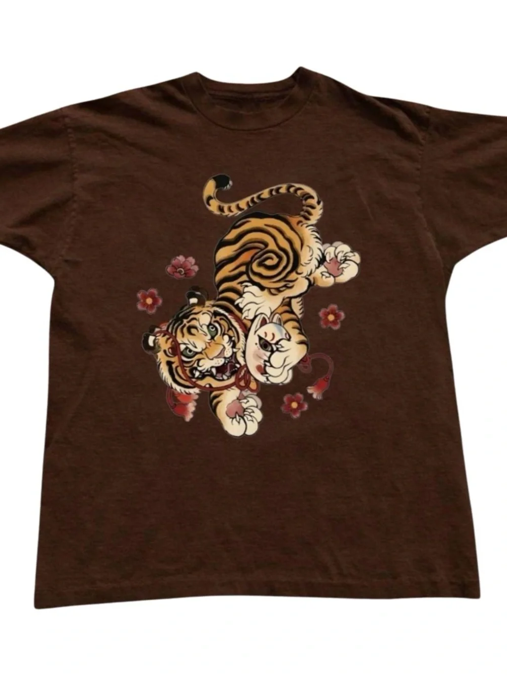 Brown Tiger Graphic Tee, tiger and flower shirt - Picture 1 of 2